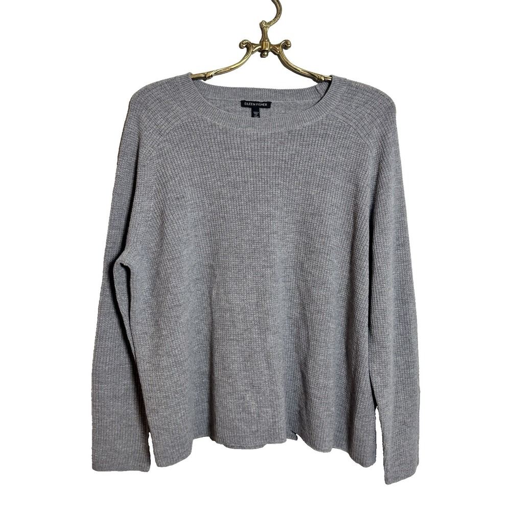 Eileen Fisher Gray Superfine Merino Wool Boxy Waffle‎ Pattern Size Large